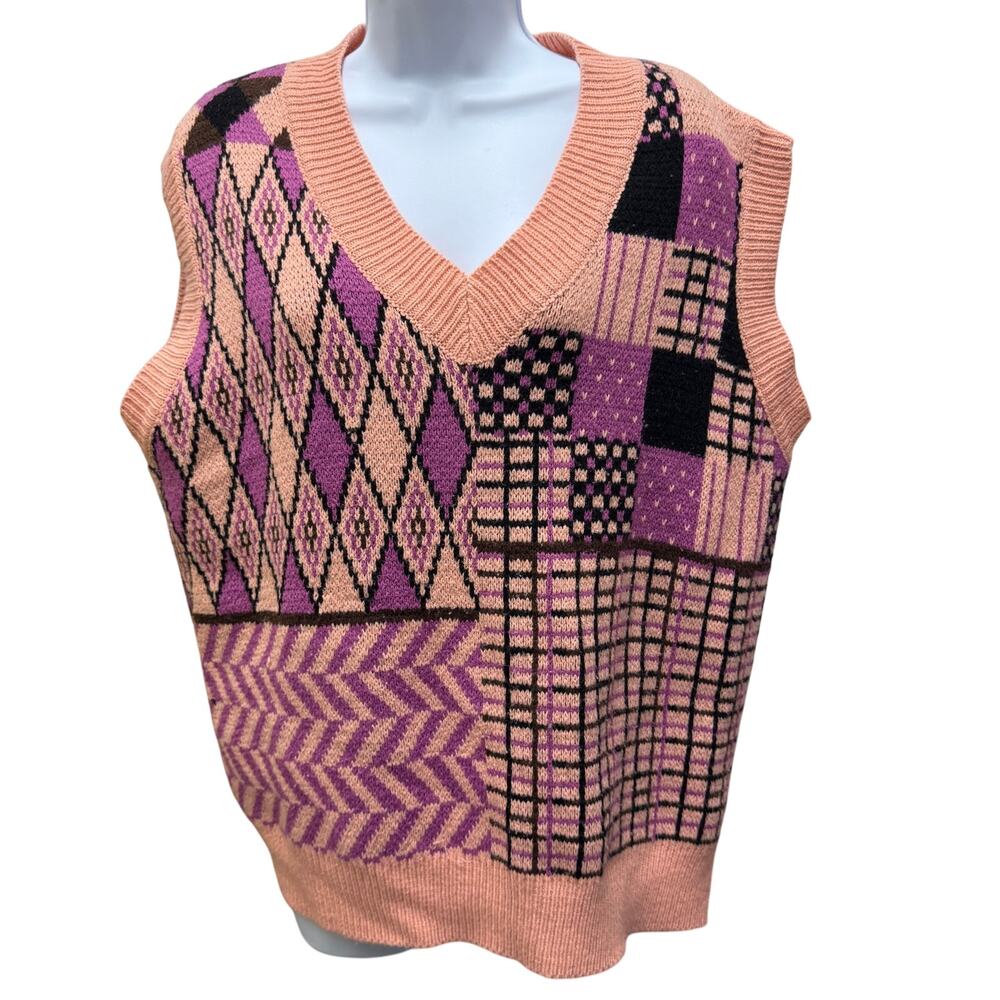 Kate Kasin Womens L Pink Plaid V Neck Sweater Vest Argyle Zig Zag Funky Purple